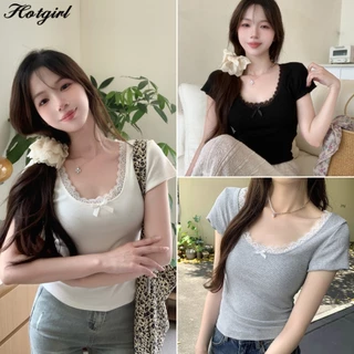 Hotgirl พร้อมส่งจากกทม เสื้อยืดแขนสั้นคอกลมลายลูกไม้สีขาวสำหรับผู้หญิง Y2Kเสื้อครอปทรงเข้ารูป