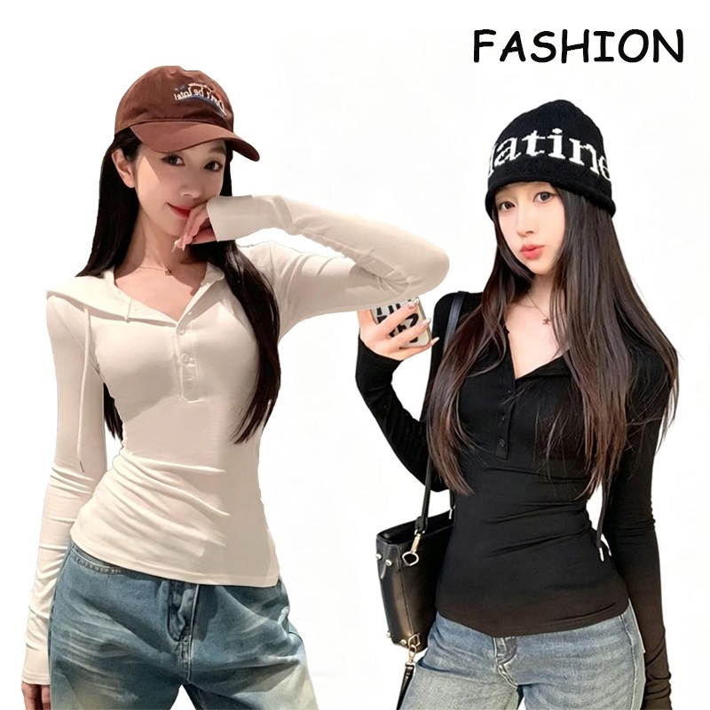 ส่งจากไทย เสื้อเชิ้ตแขนยาวสำหรับผู้หญิง มีฮู้ด สีพื้น ปกเสื้อติดกระดุม ทรงเข้ารูป สไตล์เกาหลี ซ็กซีเบาๆ ผ้าใส่สบาย #F081