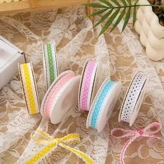 ริบบิ้นผ้าลายจุดแต่งลูกไม้ กว้าง 1.5 CM | ริบบิ้นตกแต่ง DIY งานแฮนด์เมด งานของขวัญ โบว์แพ็คของ คุณภาพดี พร้อมส่งจากไทย