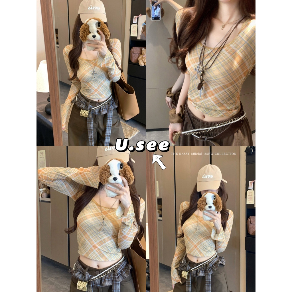 เสื้อยืดลายสก็อต เสื้อแขนยาว สไตล์Y2K ดูผอม สไตล์หวานเท่ ใส่ได้ทุกวัน#2432