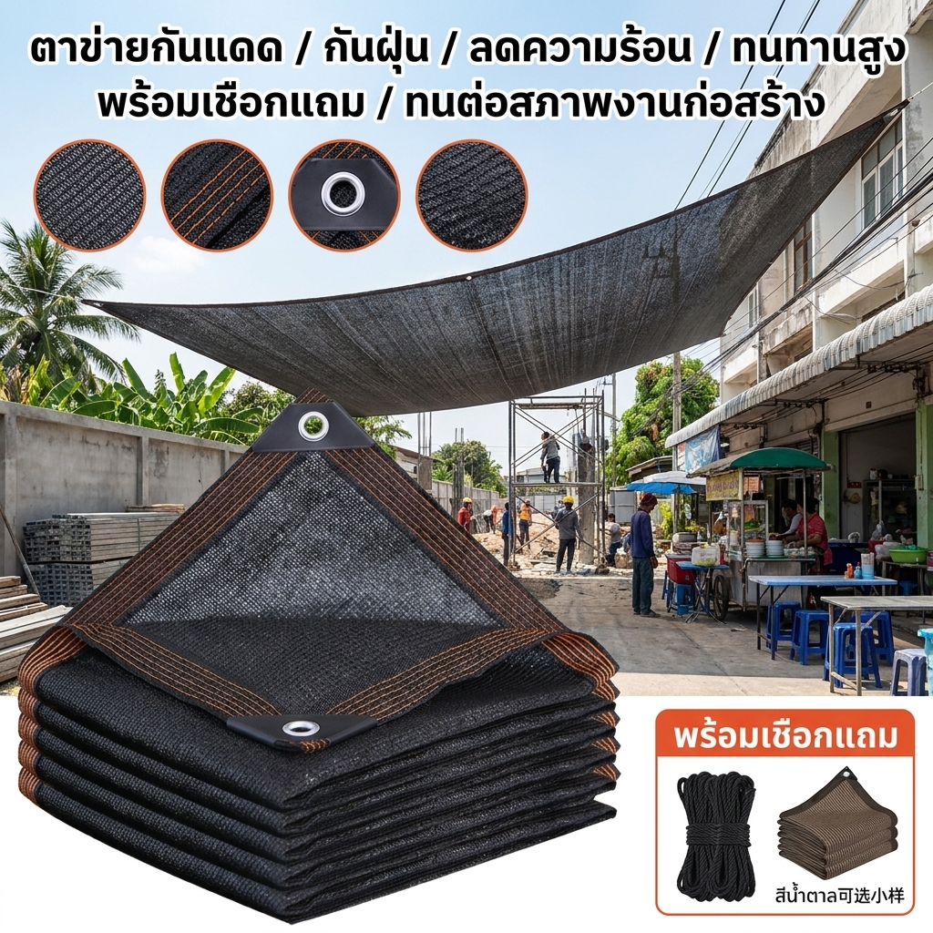 ตาข่ายบังแดด PE หนาพิเศษ สีดำ/น้ำตาล ป้องกัน UV ลดความร้อน สำหรับบ้าน สวน โรงรถ