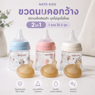 ขวดนมแรกเกิด ขวดนม 2in1 ขวดคอกว้าง จุกเอียงไม่ดูดไม่ไหล ลดอาการสำลักมาพร้อมจุกนม 2 แบบ
