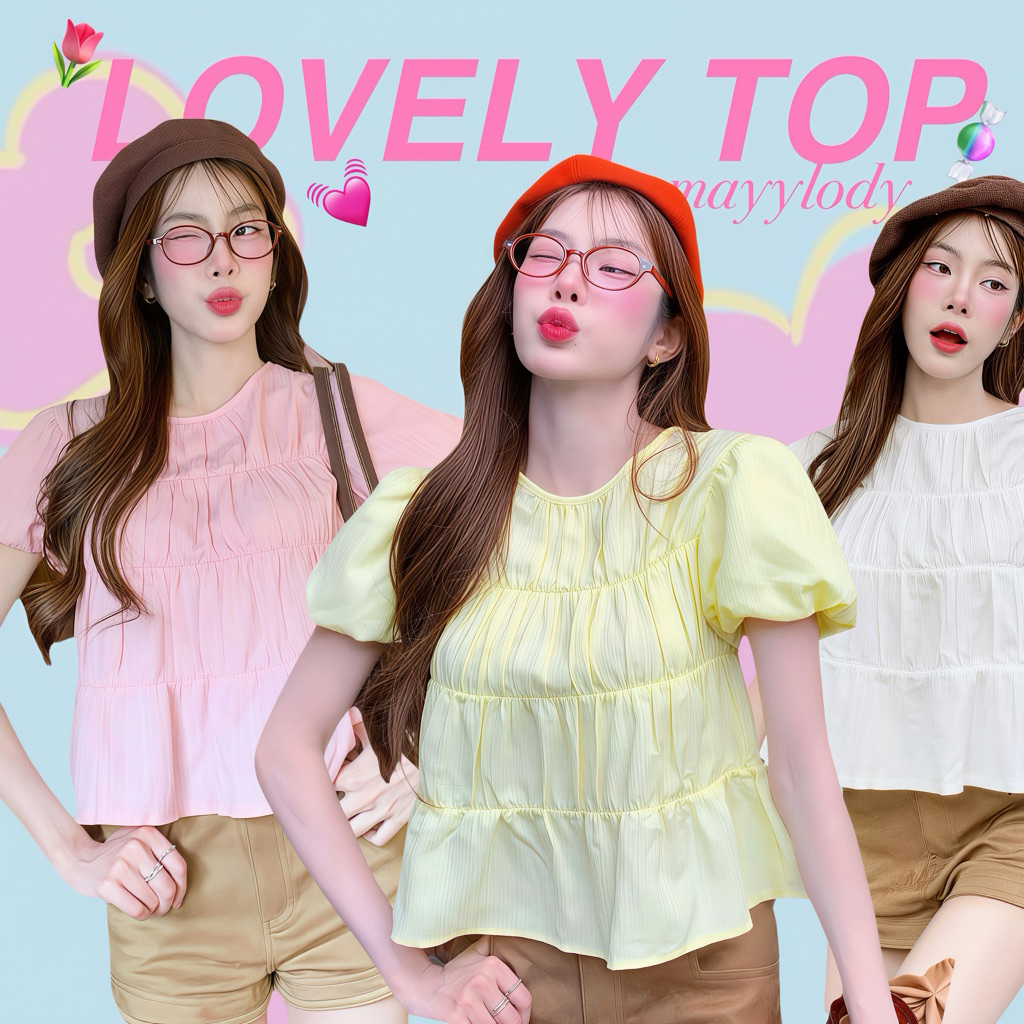 💓mayylody💓 LOVELY SWEET ครอปท็อป แขนบอลลูน สม็อคจั้มรอบตัว สไตล์เกาหลี สุดฮิต 🌷🪞🌤️🍃 เสื้อครอป ครอป