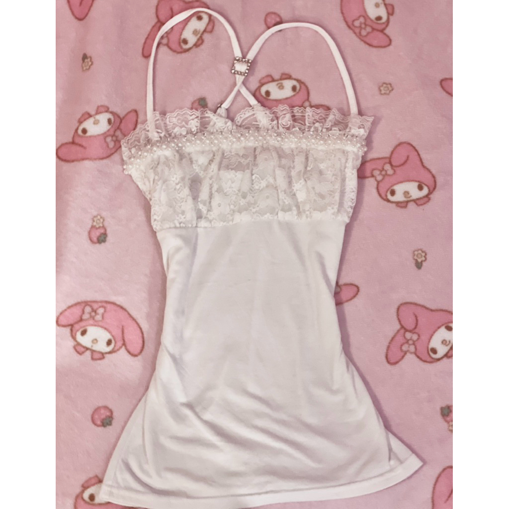 🇯🇵 Japan Brand Coquette Y2K Vintage Camisole Tank Halter Top Retro Liz Lisa Style Pearl Lace Dollete