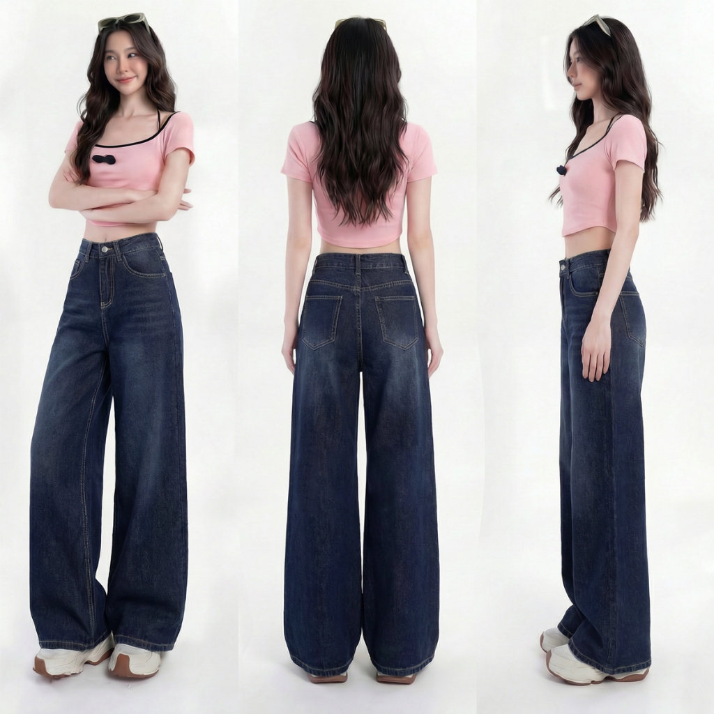 กางเกงยีนส์สีซีดเอวสูง ขากว้าง สไตล์ Retro ยีนส์ฟอกนุ่ม ใส่สบายไม่ร้อน