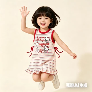 BB254 เดรสเด็กผู้หญิงลายคิตตี้ แขนกุด ลายทาง แต่งโบว์ข้าง น่ารักสดใส ใส่สบาย สไตล์เกาหลี
