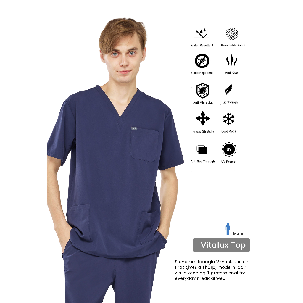 Arfi Scrub Vitalux Male Top เสื้อสครับรุ่นขาตรงผู้ชาย ผ้าสะท้อนน้ำ ป้องกันแบคทีเรีย ยับยาก ผ้ายืด 4 