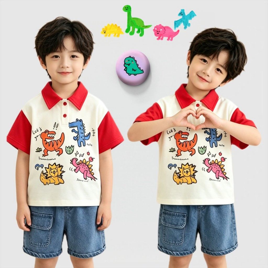 BB257 เสื้อโปโลเด็ก ลายไดโนเสาร์สุดคิ้วท์ แขนสั้น สีแดงขาว พร้อมกางเกงยีนส์ขาสั้น