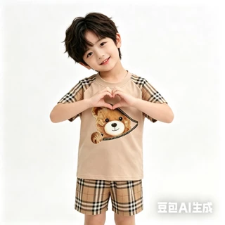 BB258 ชุดเด็กแฟชั่นหมีน้อย เสื้อแขนสั้นลายหมี + กางเกงขาสั้นลายตาราง ใส่ได้ทั้งเด็กหญิงเด็กชาย
