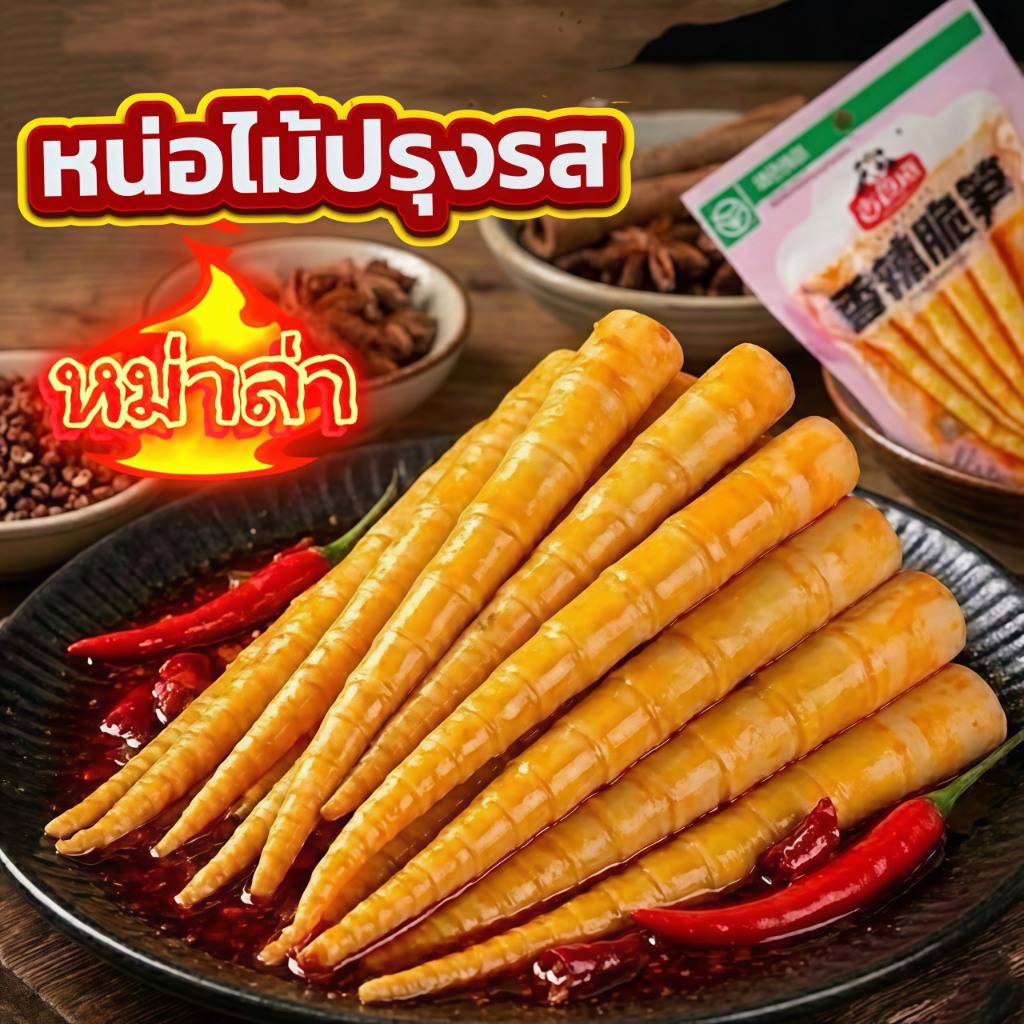 หน่อไม้รสหม่าล่า กรุบกรอบ เผ็ดชาฟินๆ ทุกคำ 1 ห่อ บรรจุ 60 กรัม