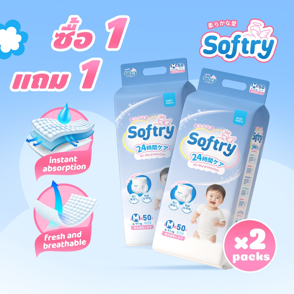 Softry ซีรีส์ซึมทันที แพมเพิส ระบายอากาศดี มีโลเทปม้วนทิ้ง ไซส์ M/L/XL/XXL/XXXL/XXXXL