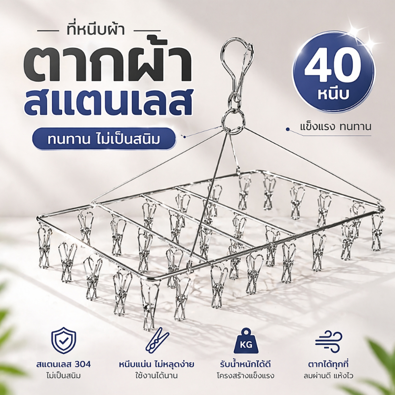 ที่หนีบผ้า แบบกลมและเหลี่ยม6/10/20/30/40 ตัวหนีบ หมุนได้ 360 โดนแดดทุกตัว แห้งไว ประหยัดพื้นที่ ส่งไว