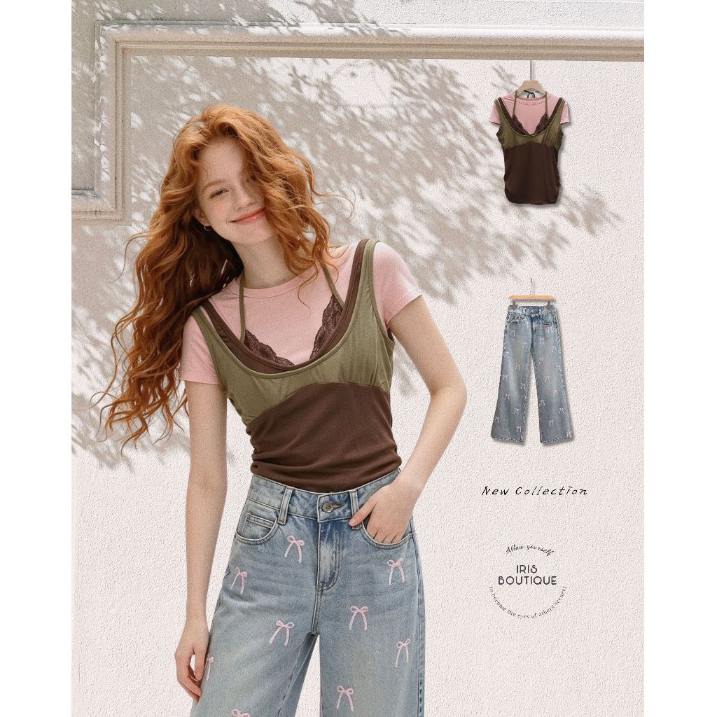 Original Design IRIS BOUTIQUE Summer Premium series IS73824-IP73822 Layered Contrast Cami Tee Set & Pink Bow Wide-Leg