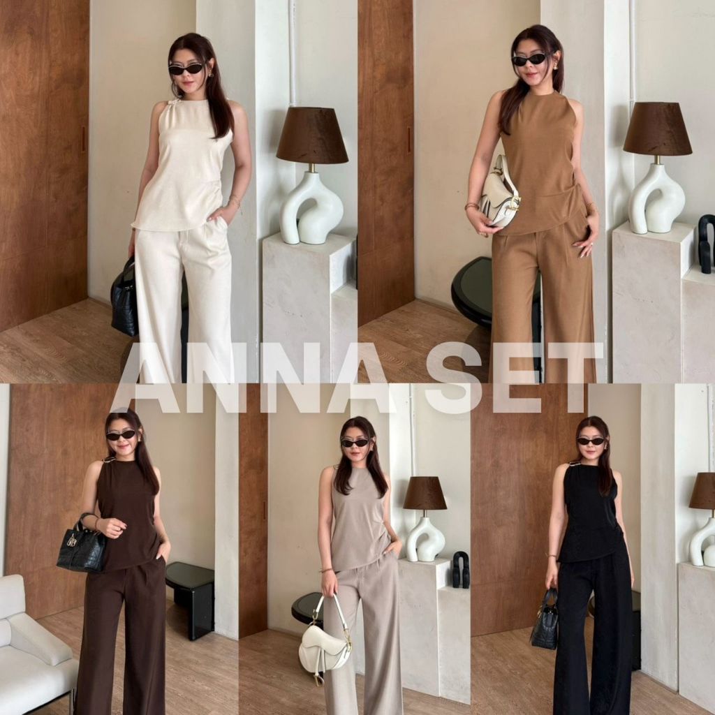 Anna Set- ชุดเซ็ทขายาวเสื้อแขนกุด เสื้อแขนกุดตัวยาวแต่งอะไหล่ ชุดเซ็ทขายาวงานเรียบหรู สีพื้น ทำงาน BETTY (ฺB063)