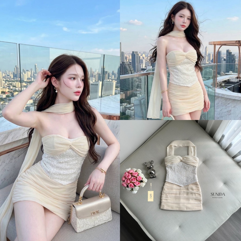 SUNIDA เซ็ทเสื้อเกาะเกล็ดปลาวิ้งๆๆ+ผ้าพันคอ-สีครีม