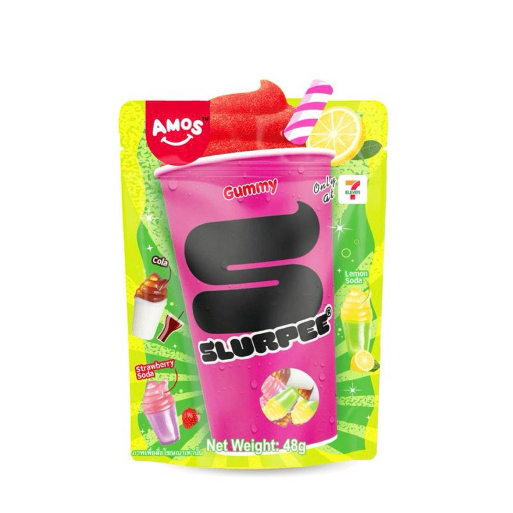 [ส่งด่วน] เอมอสกัมมี่สเลอปี้กลิ่นโคล่าสตรอฯเลมอนโซดา 48ก. Amos gummy Slurpee Cola strawberry lemon soda