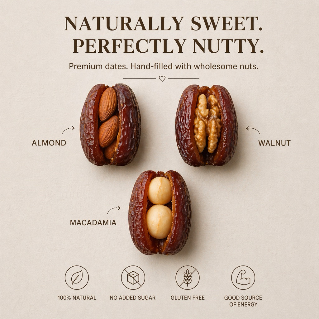 Fresh Dates and Mix almond, macadamia and walnuts 350gอินทผาลัม สอดไส้ อัลมอนด์ วอลนัท แมคคาเดเมีย กล่องนำมาใช้ใหม่ได้ ราคา ถูกที่สุด ดีลบีเคเค