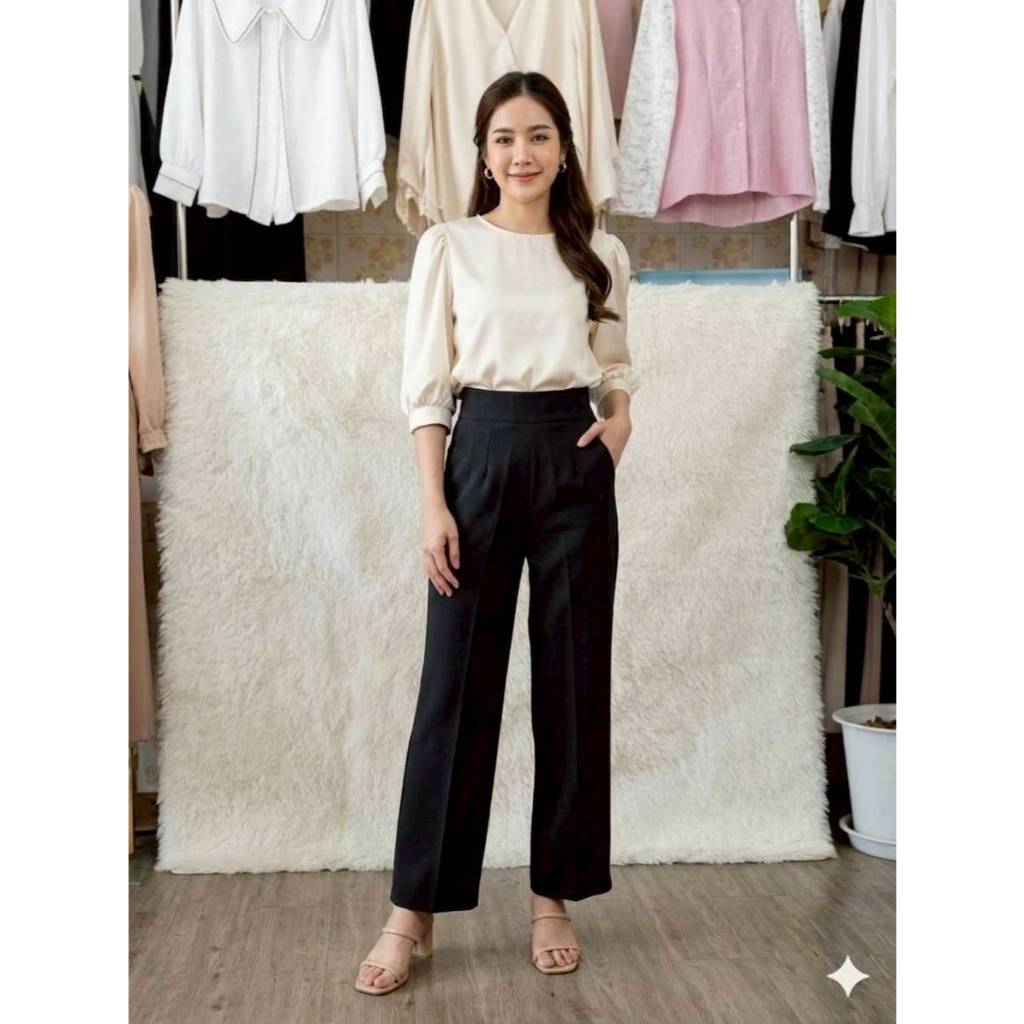 กางเกงขายาวกระบอกกลาง ซิปหลัง เอวสูง ทรงสวย ใส่ทำงานได้ (S-2XL)