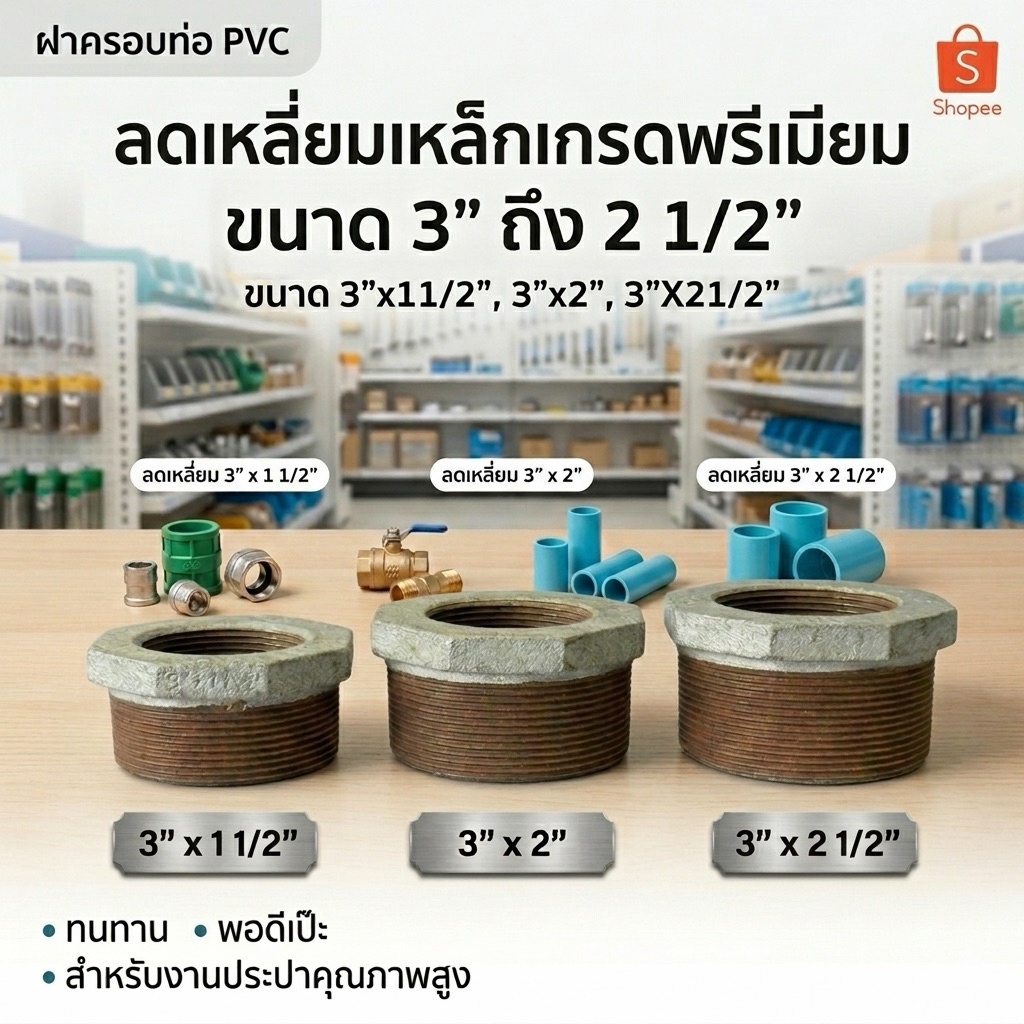 ลดเหลี่ยมเหล็ก เกรดพรีเมียม ขนาด 3 นิ้ว (ลดลงเหลือ 1 1/2", 2", 2 1/2") ข้อต่อลดเหลี่ยมเหล็ก แข็งแรง ทนทาน