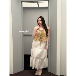 LindaaPlus-- กระโปรงยาวผ้าลินินแต่งลูกไม้ 🌸🫧 สาวอวบอ้วนใส่ได้ มีซับใน เอวสม๊อครอบ ตัดเย็บเป็นชั้นๆตัดกับลูกไม้บางๆ