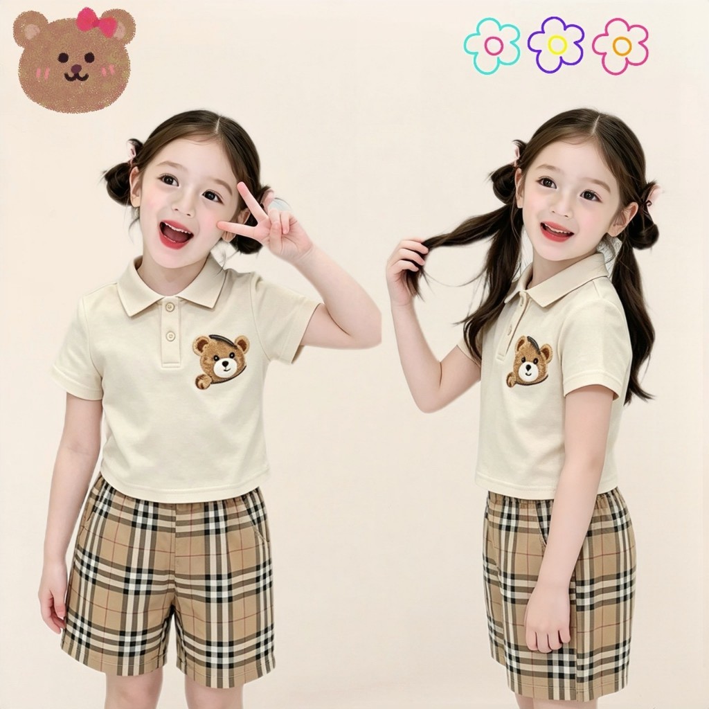 AY259 ชุดเด็กน่ารัก สไตล์เกาหลี เสื้อหมี + กางเกงลายสก็อต พร้อมส่ง