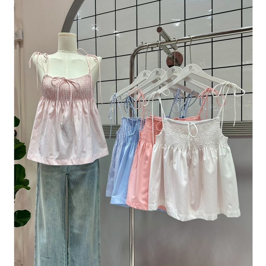 Pradap_brand:BabyDoll Top เสื้อสายผูกไหล่ สม็อคอก