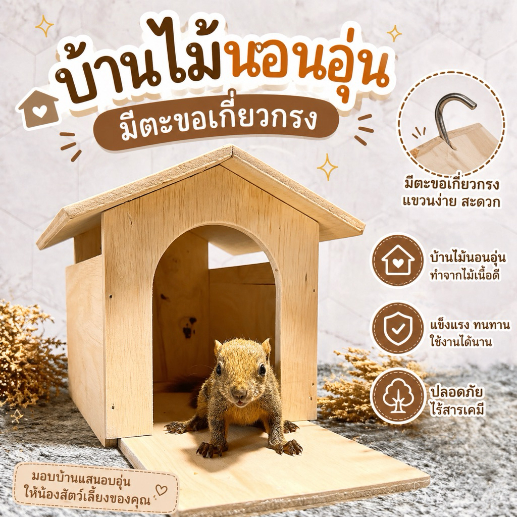 บ้านไม้ มีชานระเบียง สำหรับกระรอก ชูการ์ไรเดอร์ นก
