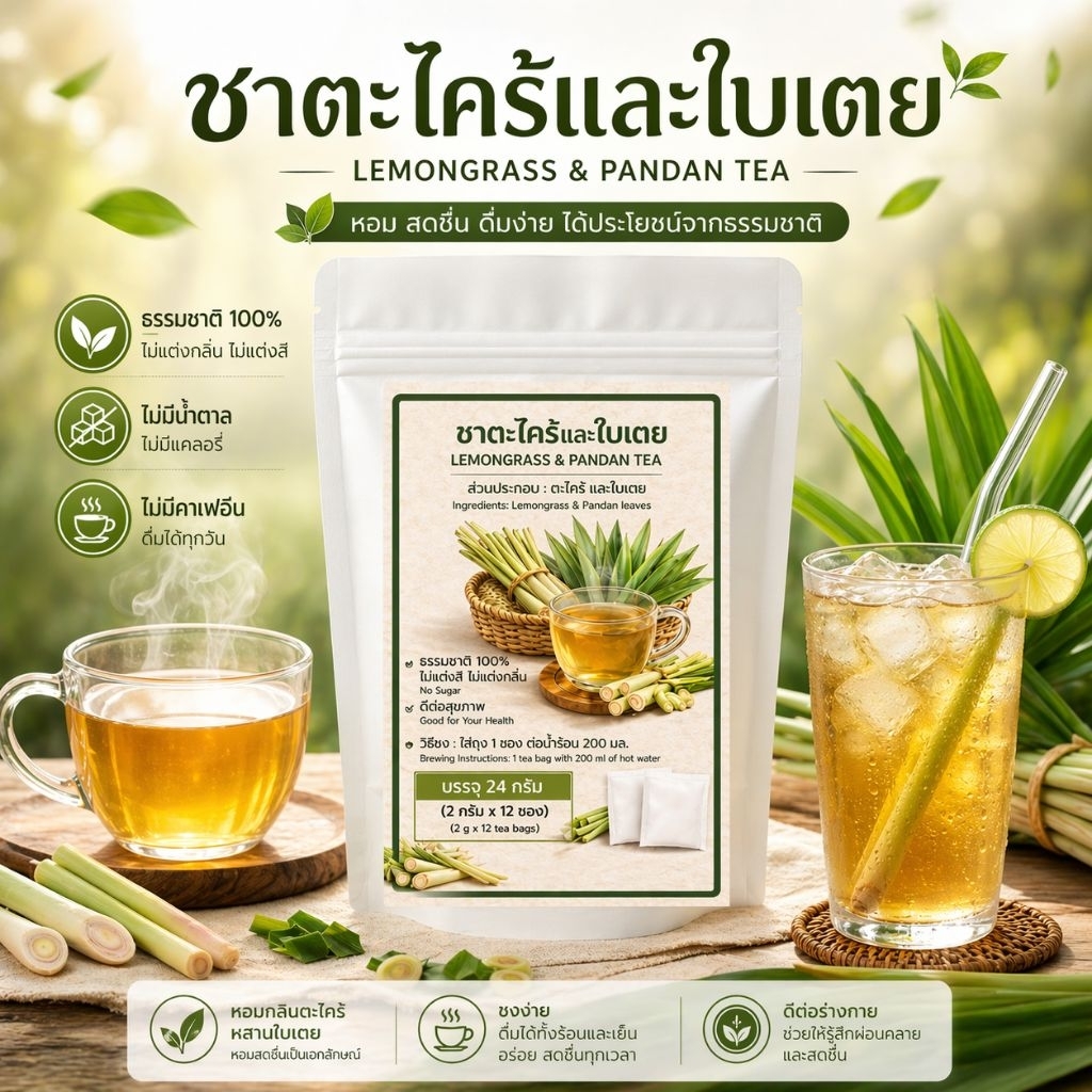 ชาใบเตยและตะไคร้12 ซองชา ความหอมละมุนที่ลงตัว  เบาสบาย เหมาะสำหรับทุกวัน หอมธรรมชาติ ไม่แต่งสี ไม่แต่งกลิ่น
