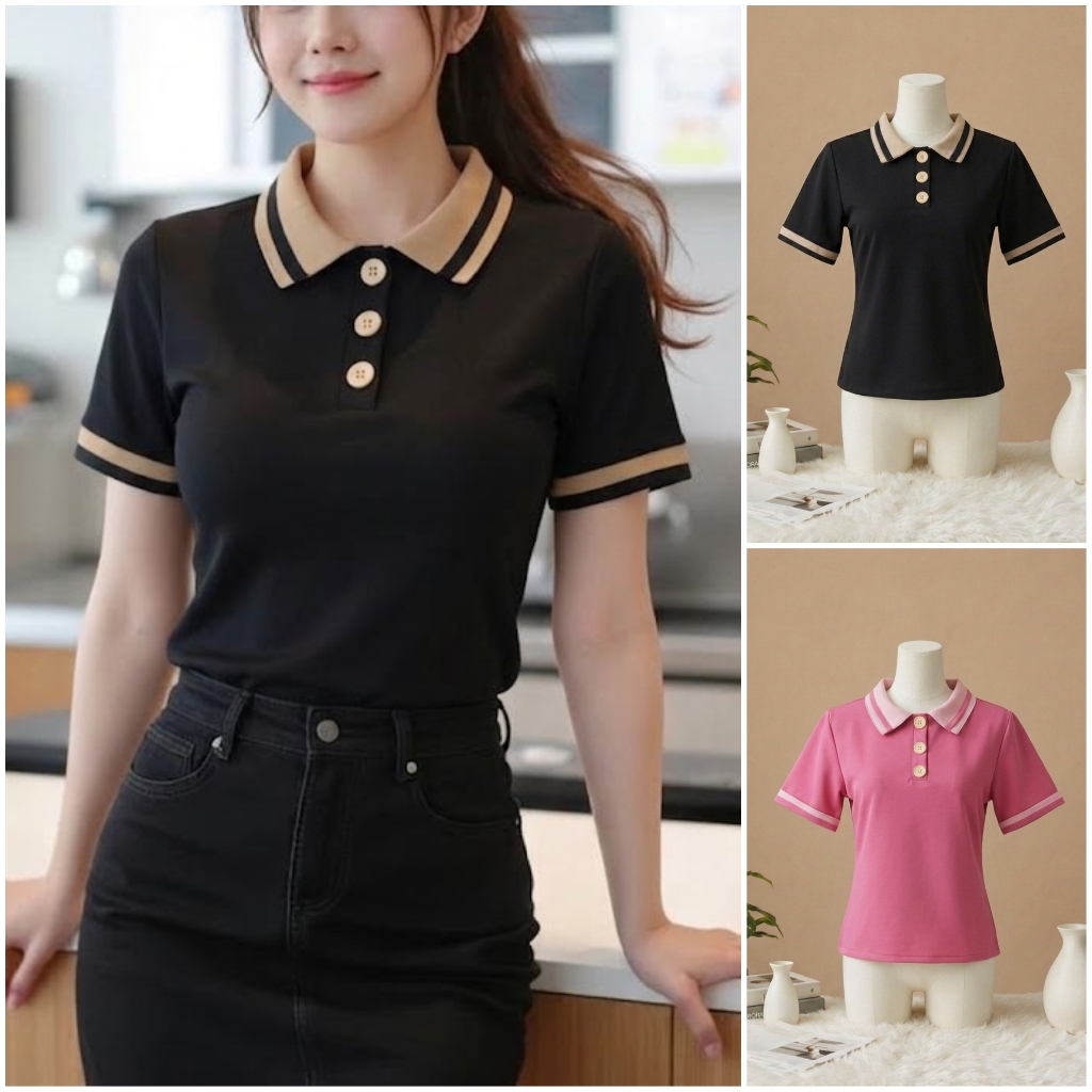 E20 เสื้อทํางานผู้หญิง แขนสั้น คอปก แต่งกระดุมไม้ สีธรรมชาติ เสื้อยืด แฟชั่น มินิมอล Easter Egg