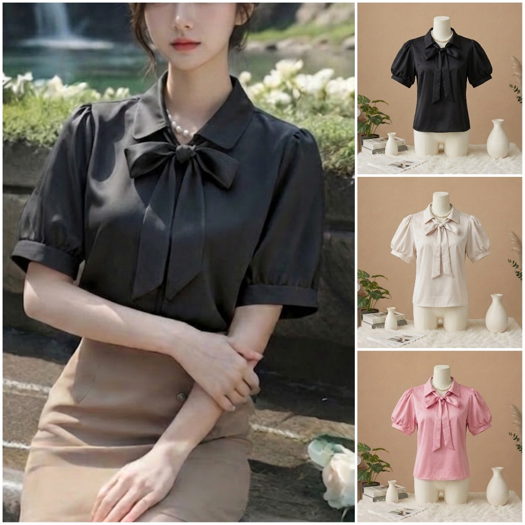 E19 เสื้อทํางานผู้หญิง แขนสั้น แต่งเชือกผูก สไตล์มินิมอล ทรงน่ารักมาก Easter Egg