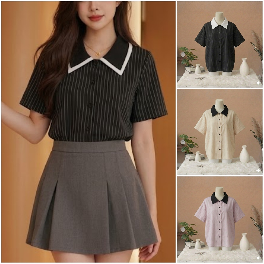 A33 เสื้อแขนสั้น เสื้อทำงานผู้หญิง เสื้อคอปกทูโทนใส่ได้ 2 แบบ กระดุมหน้าสามารถติดได้จริง Easter Egg
