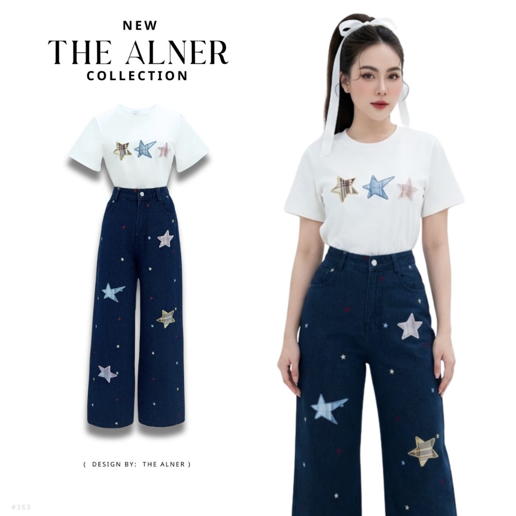 Thealner-AN363 (เซตเสื้อยืดขาวปักดาวแขนสั้นกางเกงยีนส์ขายาว)