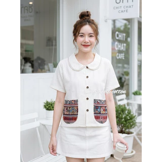 เสื้อผ้าฝ้ายคอบัวแต่งกระเป๋าลายผ้าทอโซฟา