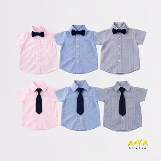 เสื้อเชิ้ตเด็กชายแขนสั้น ผ้าออกซ์ฟอร์ด พร้อมเนคไท/โบว์ ปรับขนาดได้ พร้อมส่งในไทย (แขนสั้น)