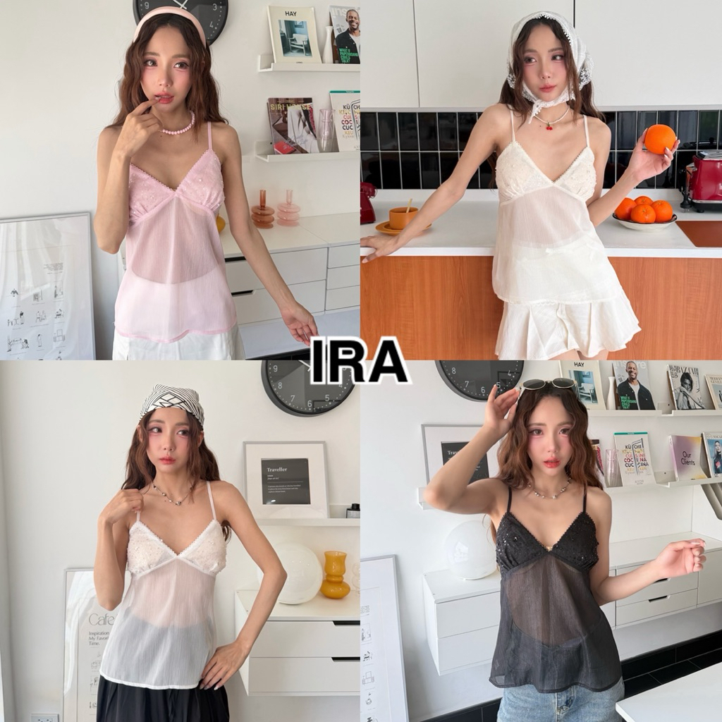 BY IRA (2026-120) Riley Top สายเดี่ยวผ้าซาตินglitter ดีเทลปักมุกตรงอก