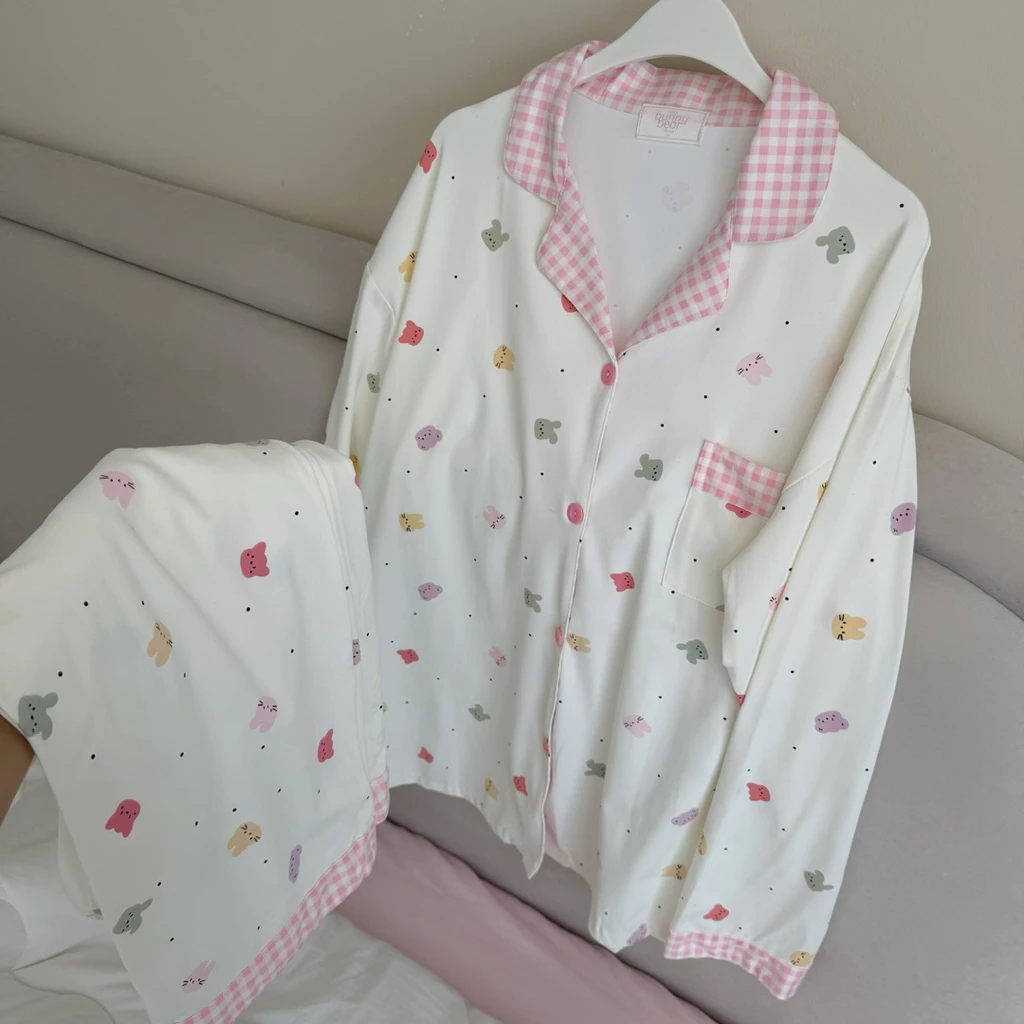 Bunny bear - bunnyFluffy ชุดนอนมินิมอล ผ้าcottonพรีเมี่ยม แขนยาวขายาว ฟรีไซส์อก44