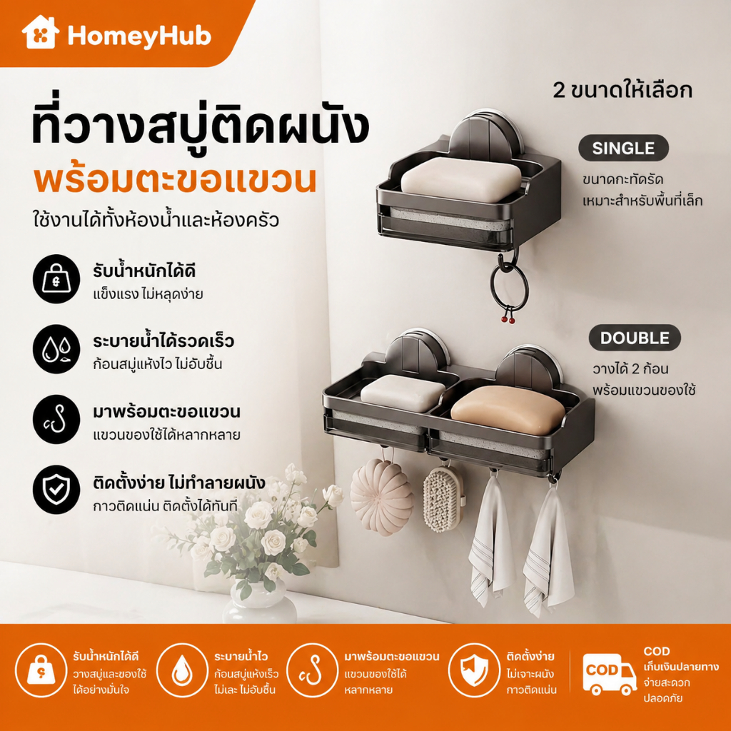 กล่องใส่สบู่ติดผนัง ไม่ต้องเจาะ ดูดสูญญากาศ ติดแน่น ไม่หลุดง่าย ระบายน้ำได้ กันชื้น ใช้ในห้องน้ำ พลาสติกแข็งแรง