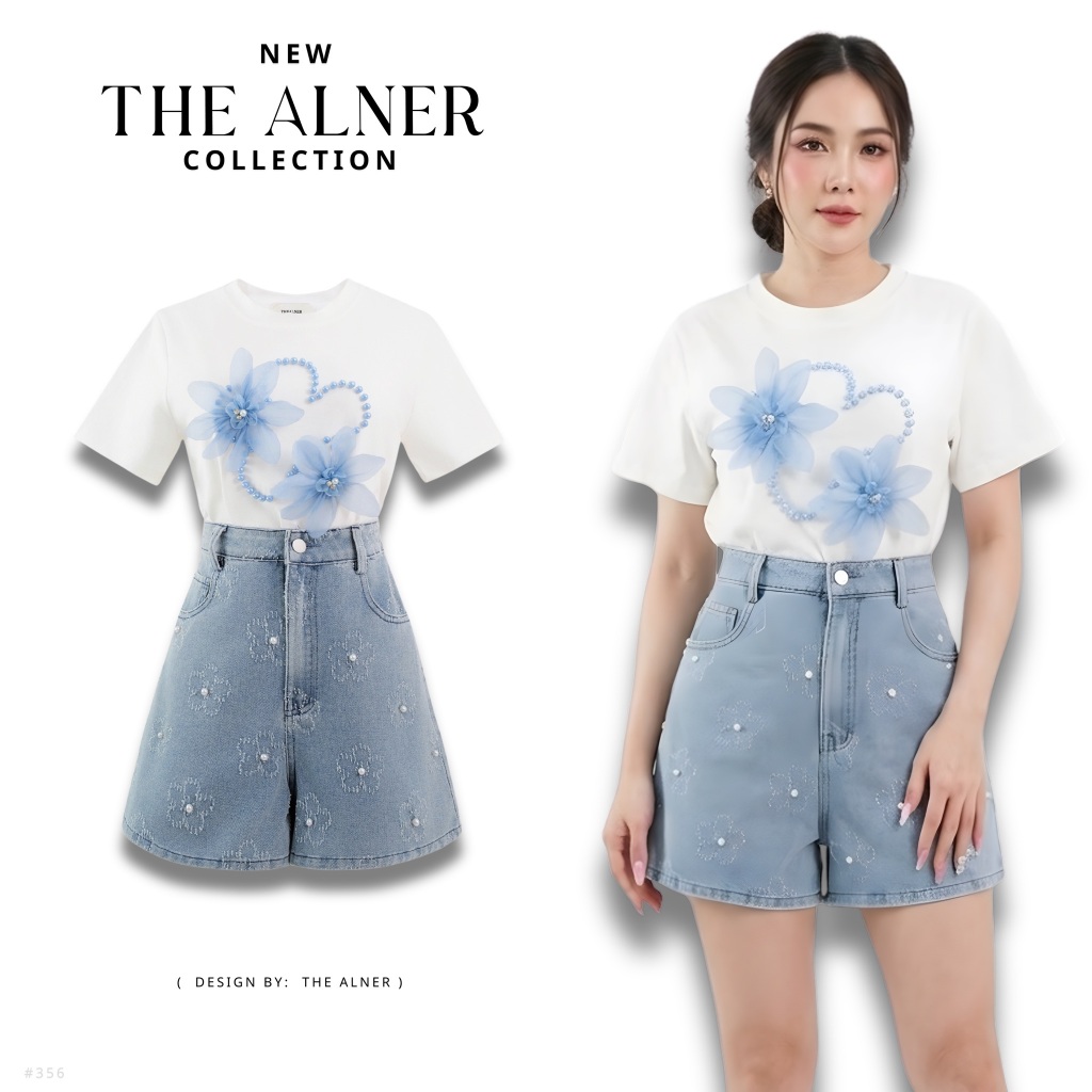 Thealner-AN356 (เซตเสื้อยืดขาวปักดอกสามดีกางเกงยีนส์ปักมุก)