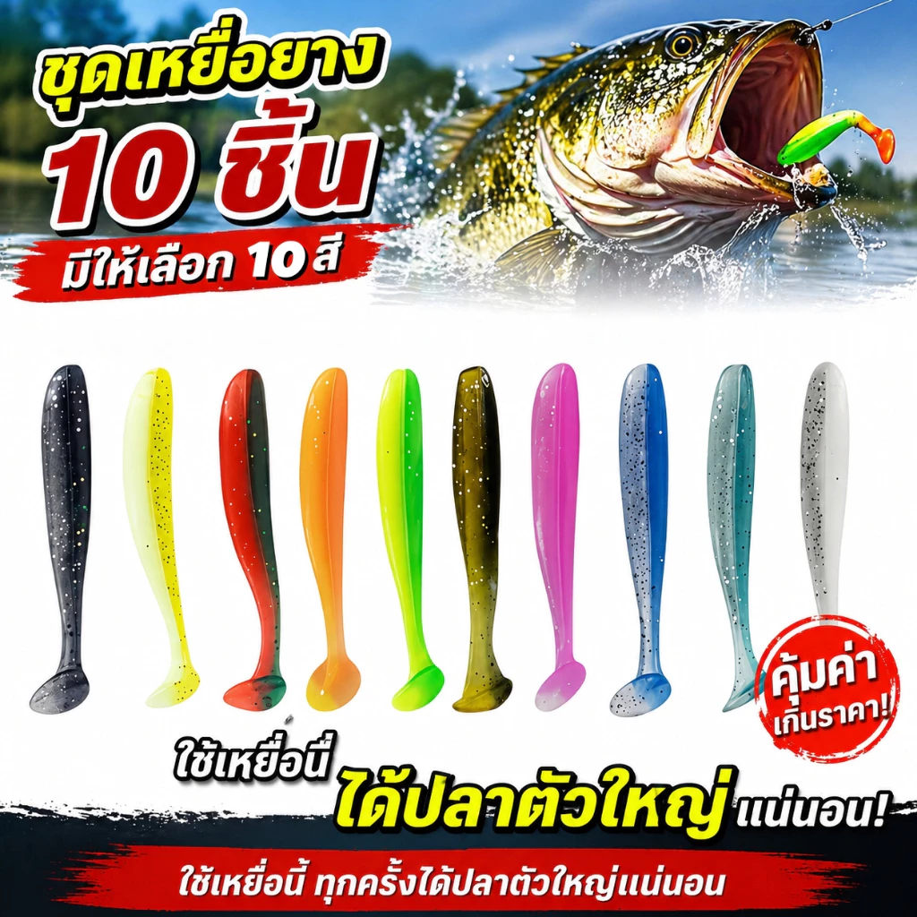 เหยื่ออ่อน 10 ชิ้น/ถุง หาง T น้ำหนัก 2 กรัม/ 6 ซม. น้ำหนัก 3 กรัม/7 ซม . หางแพทชาร์ดลายสองสี เหยื่อหนอนอุ้มสี เหมาะสำหร