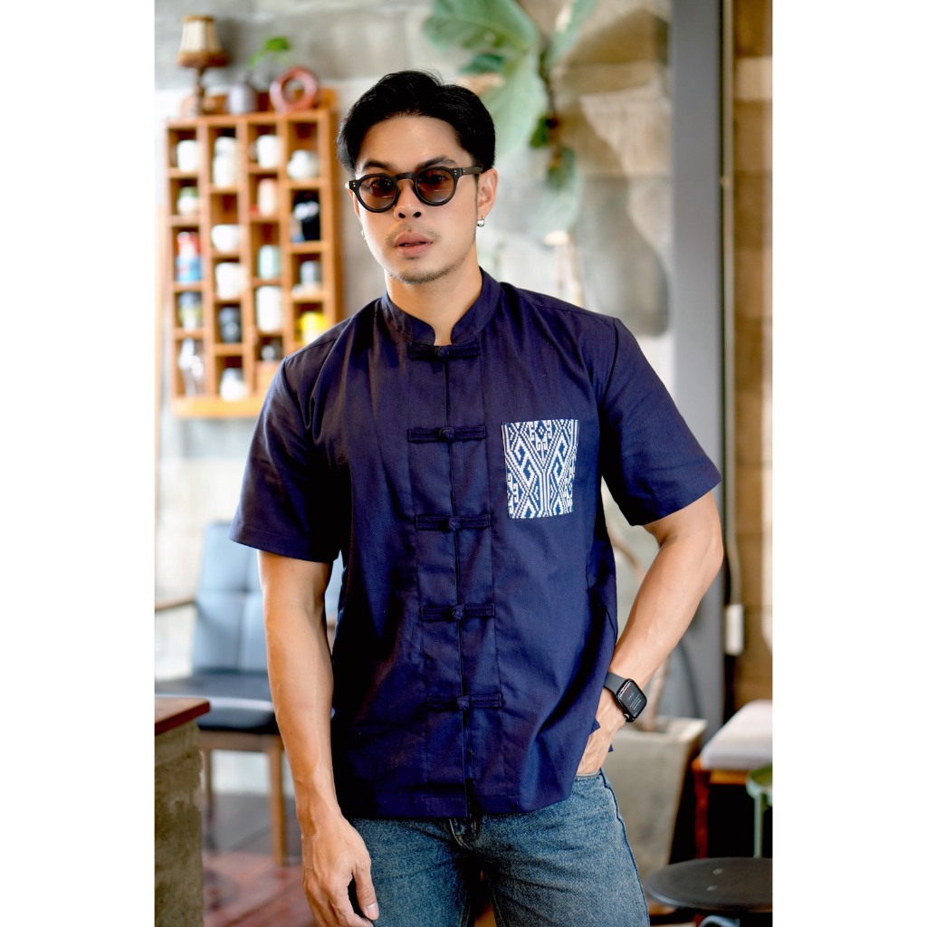 เสื้อผ้าแฟชั่น ผ้าฝ้ายกัดลาย no.54BSK แขนสั้นคอจีนกระเป๋ากัดลาย