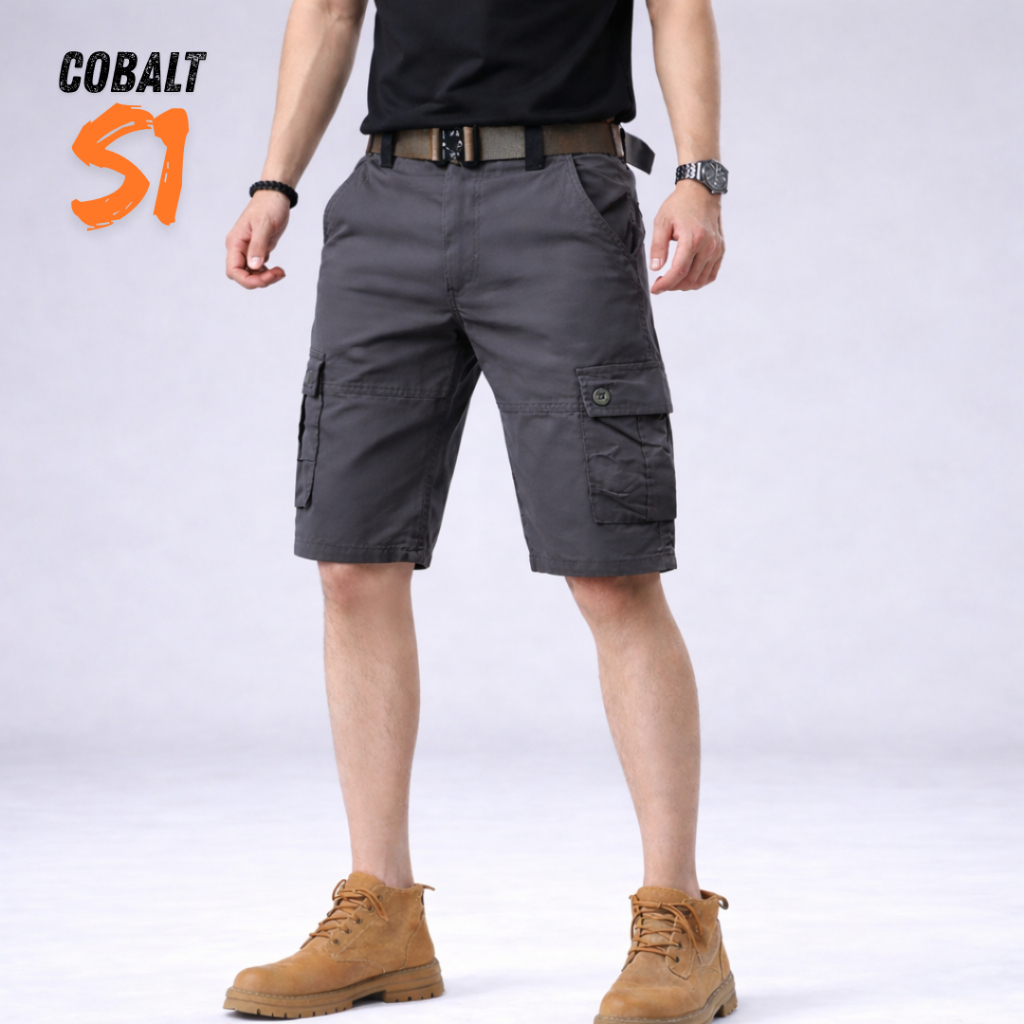 COBALT S1 กางเกงคาร์โก้ ขาสั้น 6 กระเป๋า สีเทา ผ้าคอตตอน ผ้าหนา เอว 28-40 นิ้ว