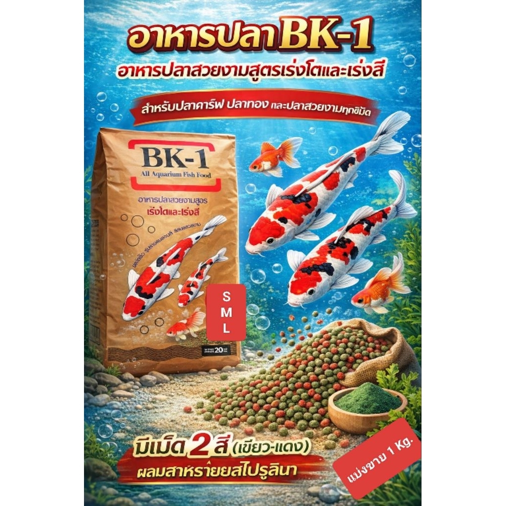 อาหารปลาสวยงาม BK-1 ผสมสาหร่ายสไปรูริน่า อาหารเม็ด 2 สี เขียว แดง แบ่งขาย 1 kg.

