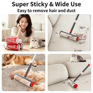 Long Handle Lint Roller ลูกกลิ้งกำจัดขนแมว เปลี่ยนกระดาษได้ Strong Adhesive Lint Roller ด้ามยาว กำจัดฝุ่นและขนสัตว์
