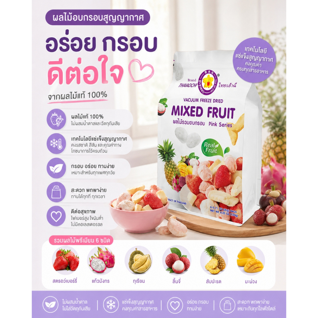 ผลไม้รวมอบกรอบฟรีซดราย Mixed Fruit PINK SERIES 120 กรัม รวมผลไม้ 6 ชนิดพรีเมี่ยมในซองเดียว Thaiaochi