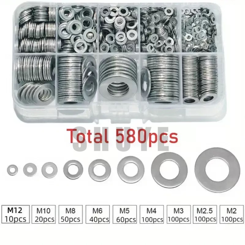 BED ปะเก็นสแตนเลสพร้อมกล่องชุดแหวนแบนอเนกประสงค์ M2-M12 580/360 ชิ้น