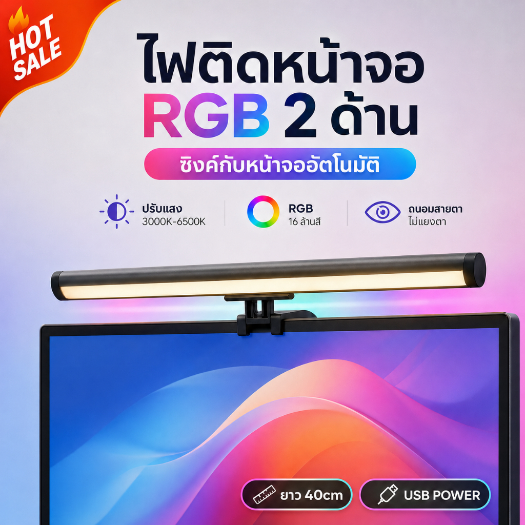 ไฟติดหน้าจอ RGB 2 ด้าน ซิงค์แสงอัตโนมัติ ยาว 40cm ปรับแสง 3000K-6500K USB ถนอมสายตา