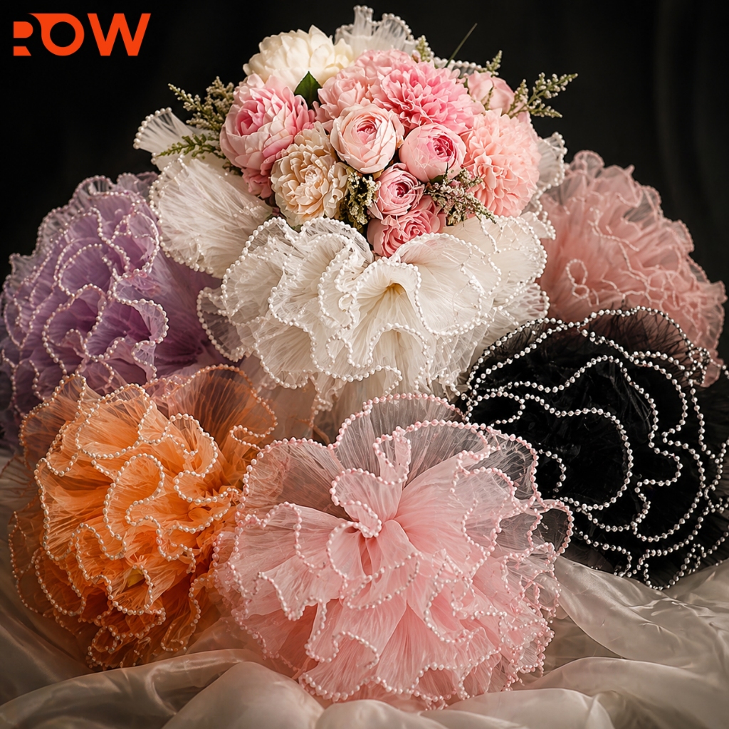 ผ้าตาข่ายห่อช่อดอกไม้ เส้นใยมุกอัดพลีท Pearl Pleated Yarn กระดาษห่อดอกไม้ สำหรับร้านดอกไม้ งานของขวัญ