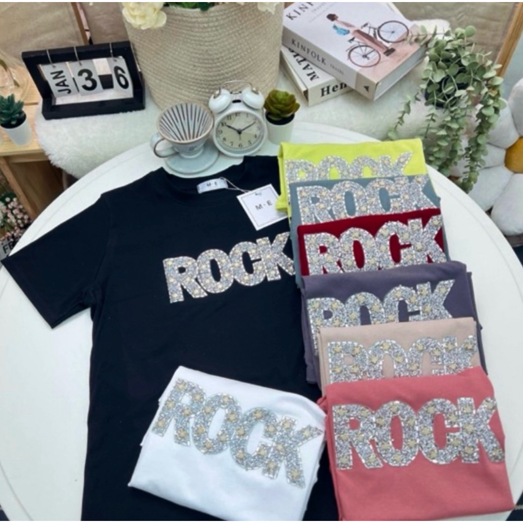 เสื้อยืดคอกลมแขนสั้น รีดเพชรลาย Rock ป้าย ME