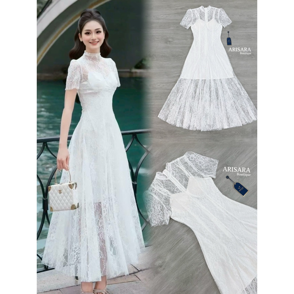 Arisara ชุดเดรสยาว ลูกไม้งานเกาหลี มีฟองน้ำเสริมทรง ซิปด้านหลัง