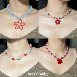 สร้อยคอลูกปัดอะคริลิค โทนสีฟ้า-แดง 🍉🩵 | สร้อยคอลูกปัด จี้ดอกไม้